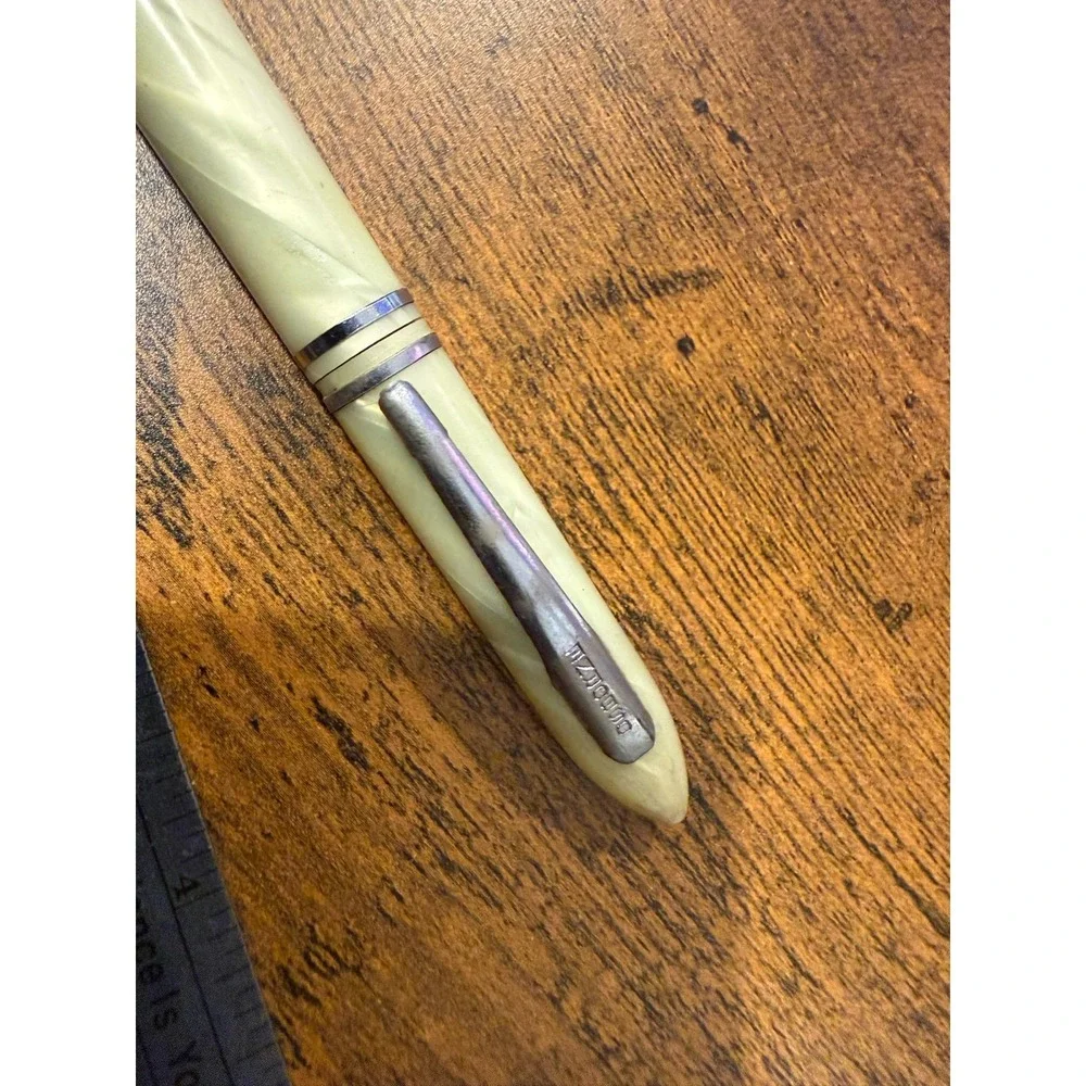 Vintage Christian Dior Cream Carved Spiral Ballpoint Pen Silver Tone Trim